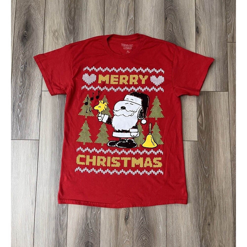 Snoopy Santa Claus Merry Christmas Red Sz M Mens Short Sleeve Tee Peanuts